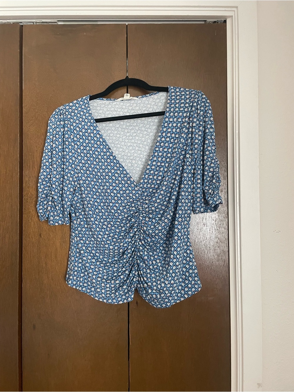 Boden Blue Ruched V-Neck Puff Sleeve Blouse